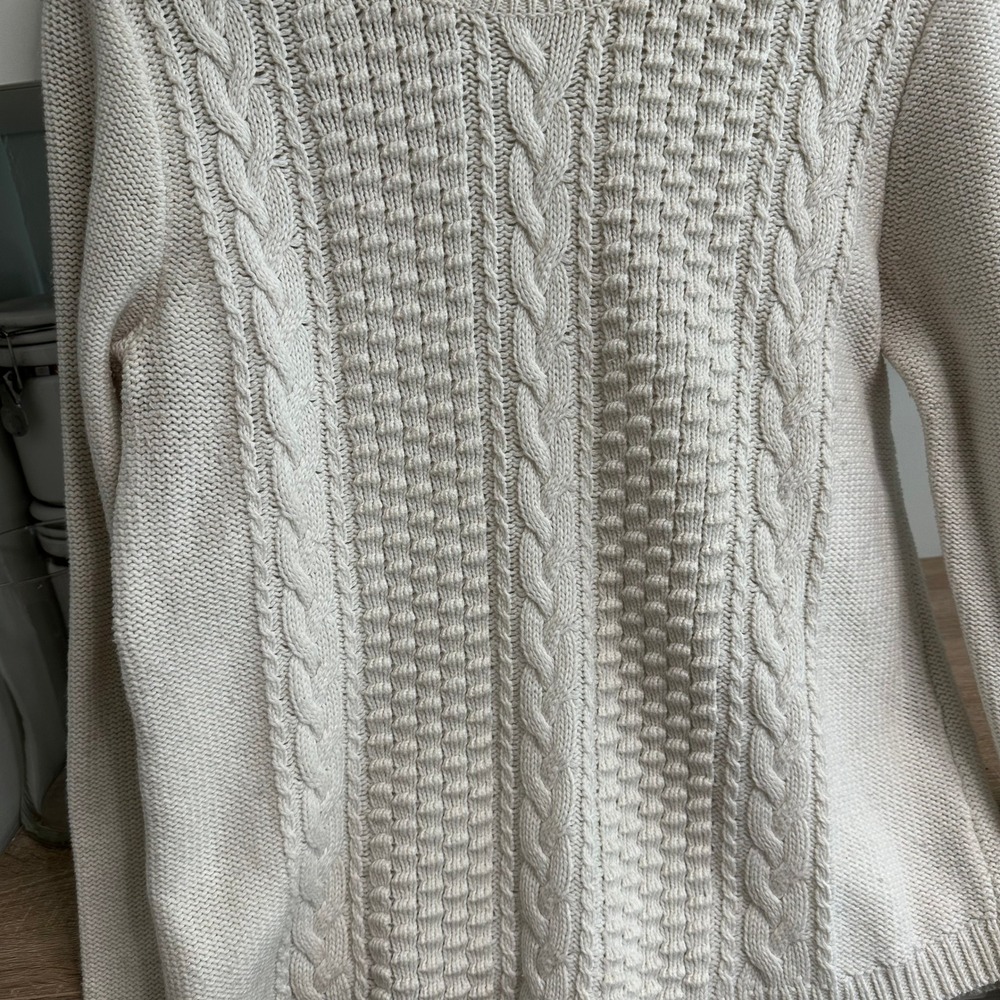 J.Crew Cable‎ Knit Sweater Womens M Cream Cotton Wool Crewneck Fisherman Coastal - Picture 9 of 13